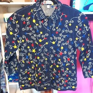 Passion Floral Embroidered Denim Jacket Size XL
